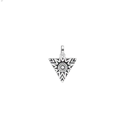 Silver triangle-shaped pendant with black pattern on a white background