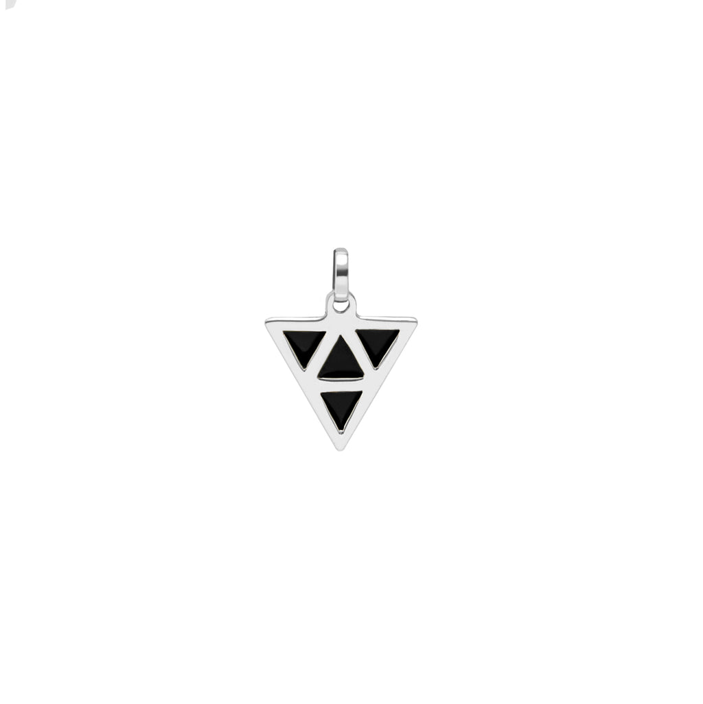 Triangular pendant with black triangle design on a white background