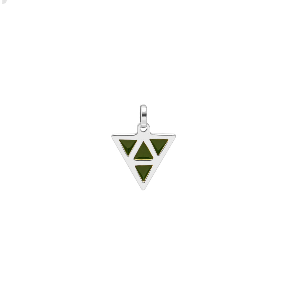 Silver pendant with green triangle design on a white background
