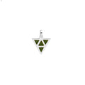 Silver pendant with green triangle design on a white background
